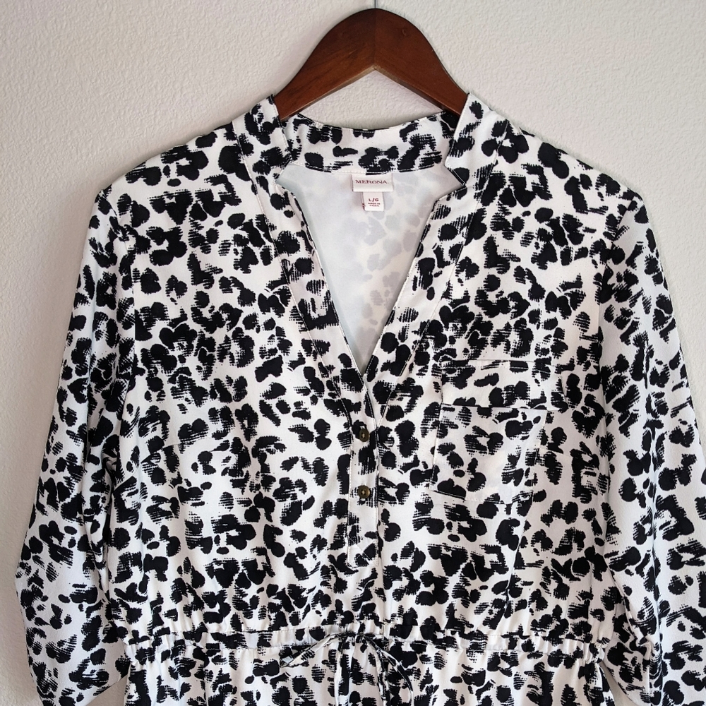 Merona Black and White Printed Drawstring Shirt Dress